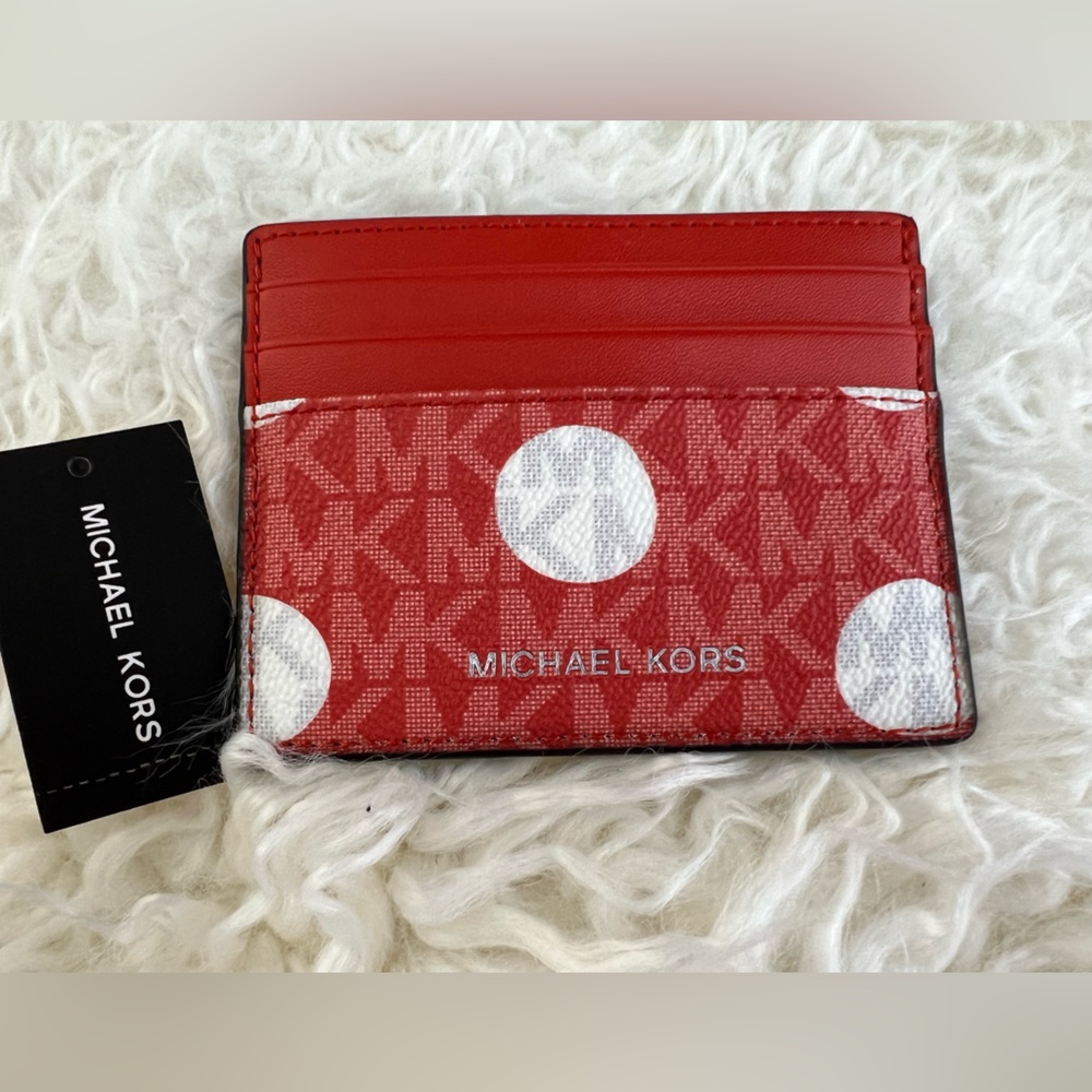 Michael Kors Red and White Dot Card Holder with Silver Logo